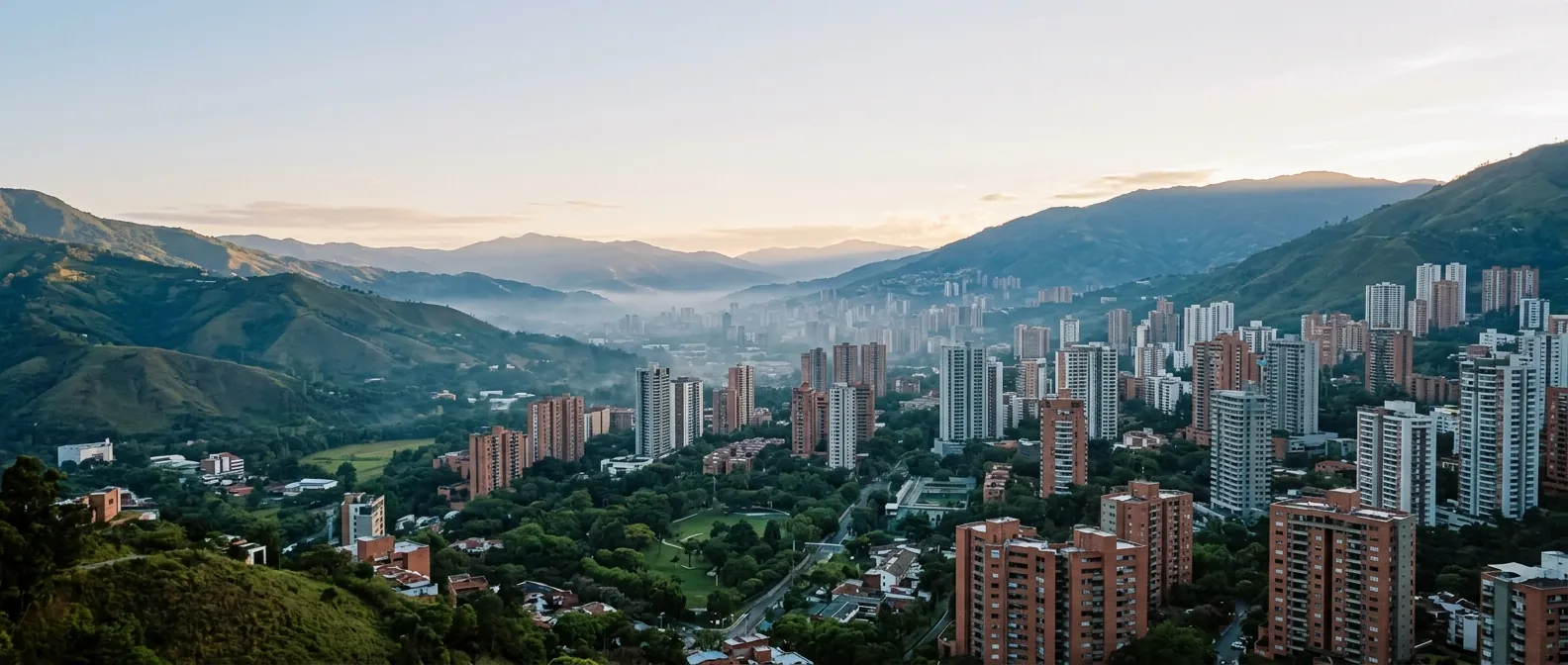 Vista de Medellín al amanecer, con edificios entre montañas verdes